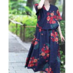 ◇◇【再入荷♪3/30 12時&20時】（S~L/2L~3L対応）濃紺に映える花のカシュクール風ワンピース